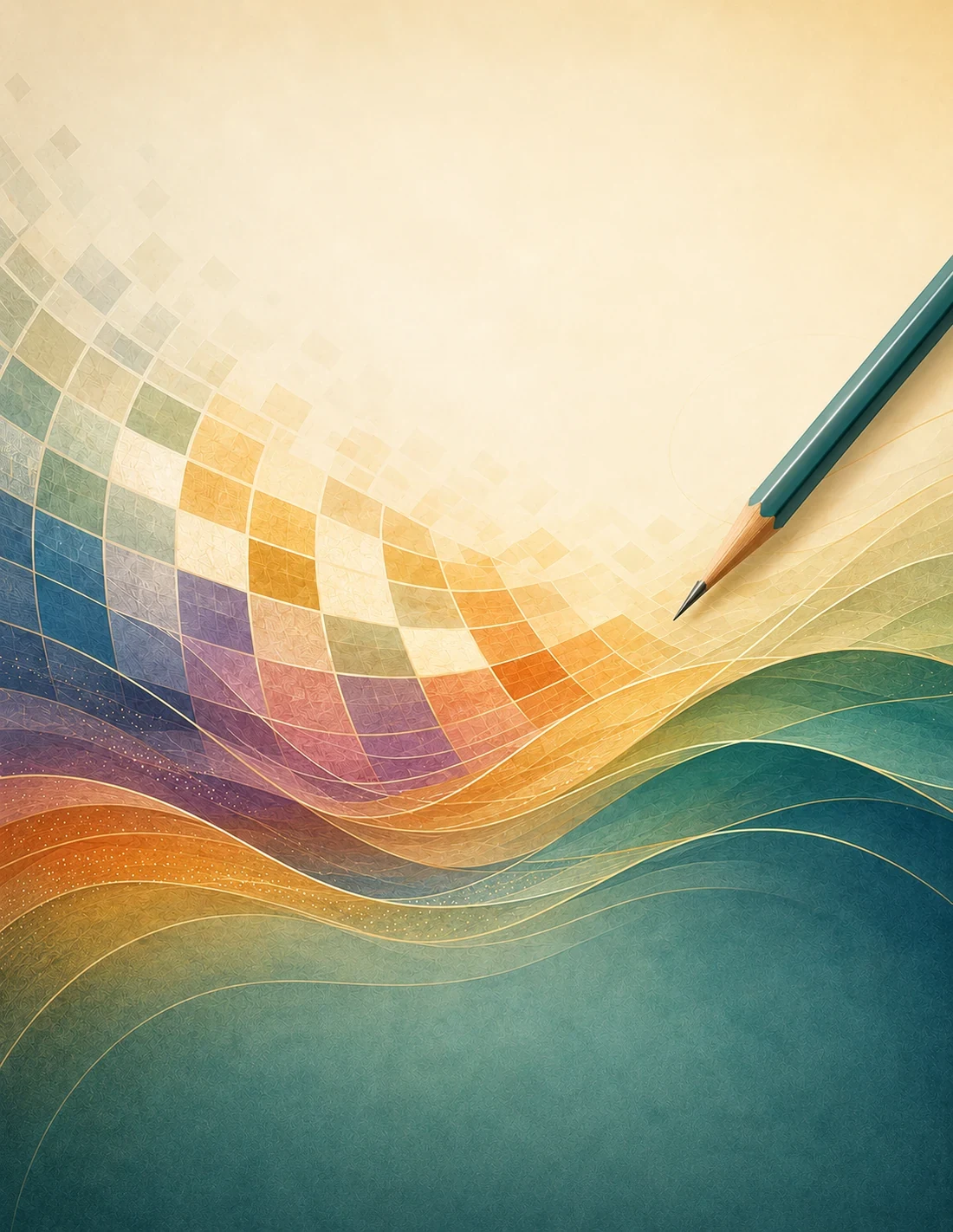 Abstract multicolour puzzle-grid artwork with flowing lines